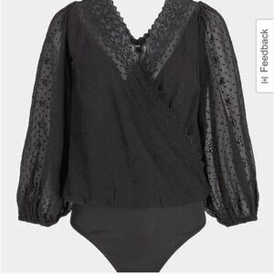 Express Eyelet Faux Wrap Black Vneck Thong Bodysuit XS NEW balloon sleeve